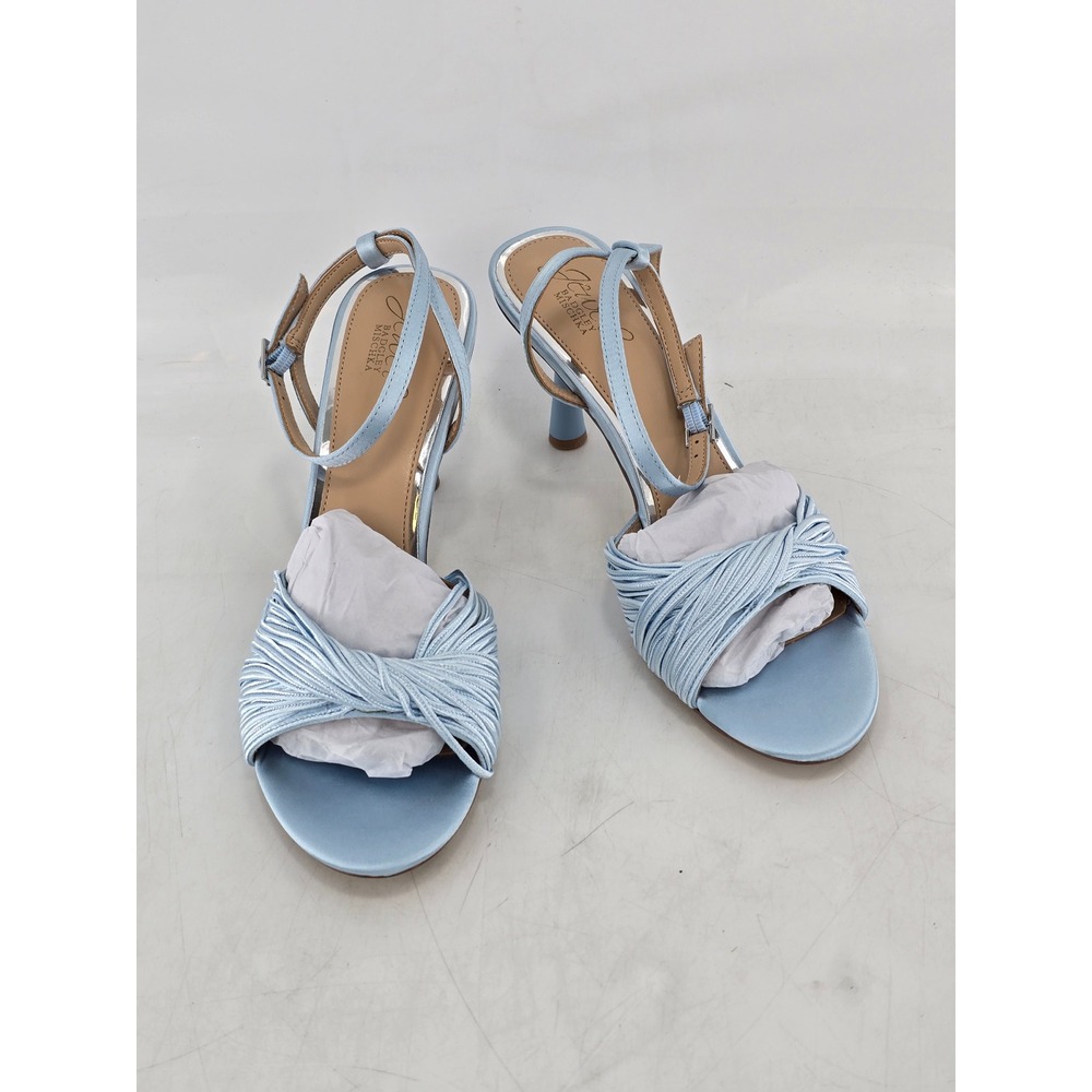 Jewel Badgley Mischka Sandals Women 9.5 Blue Satin Strappy Kitten Heel - VG